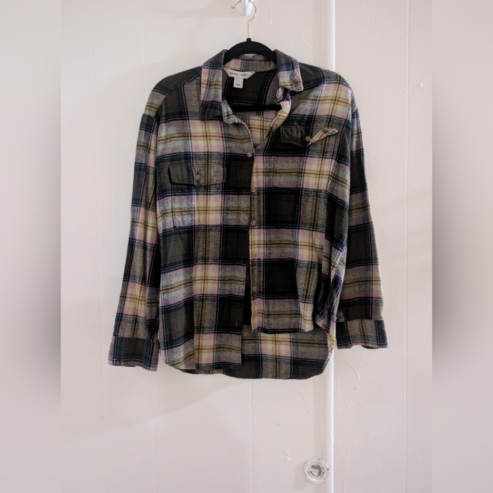 Old Navy Women's Plaid Button-Down Shirt - Green, Cream, Tan